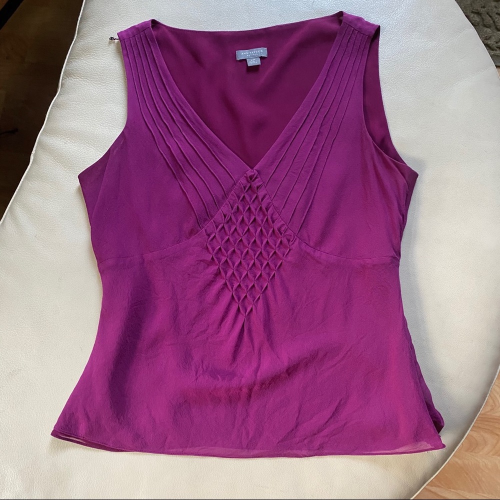 Ann Taylor silk blouse magenta pink tank pleated